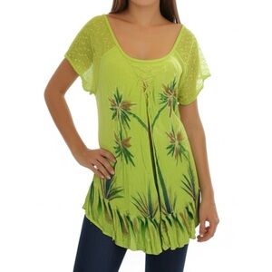 Lime Green Gauze Tunic Sheer Sleeve V Neck Free Size
